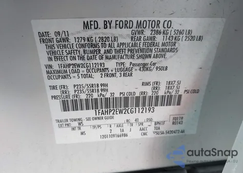 2012 Ford Taurus Sel from USA, damaged, VIN 1FAHP2EW2CG112193